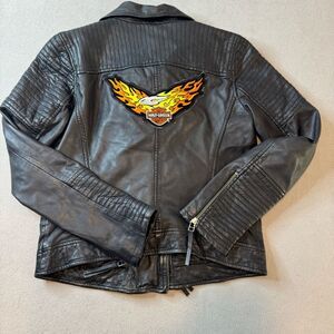 Treasure and Bond Leather jacket has an Harley Davidson embroidered patch  sz XS